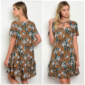 Floral Linen Cheongsam Ruffle Tier Mocha Brown Leafy Green Women's Doll Dress